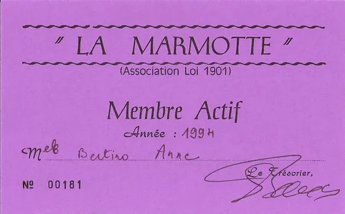 1994 · Association « La Marmotte » : carte de membre actif, recto