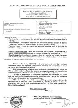 1999 · Premier stage d’assistante sociale, au tribunal et à la maison d’arrêt de Gap