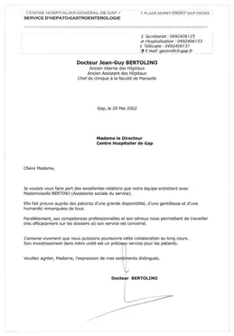 2002 · Lettre du docteur Bertolino, service de gastro-entérologie
