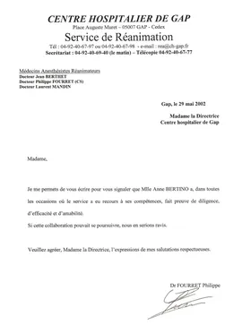 2002 · Lettre du docteur Fourret, service de réanimation