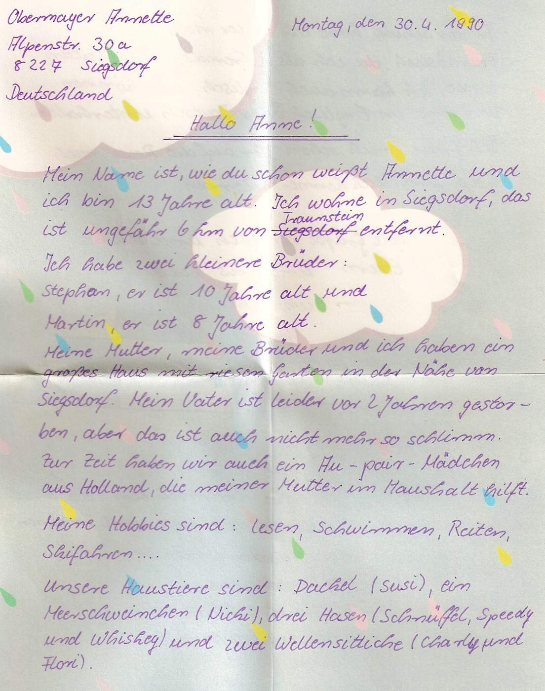 Lettre de Annette, avril 1990