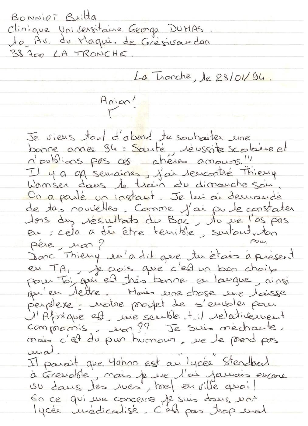 Lettre de Britta, janvier 1994