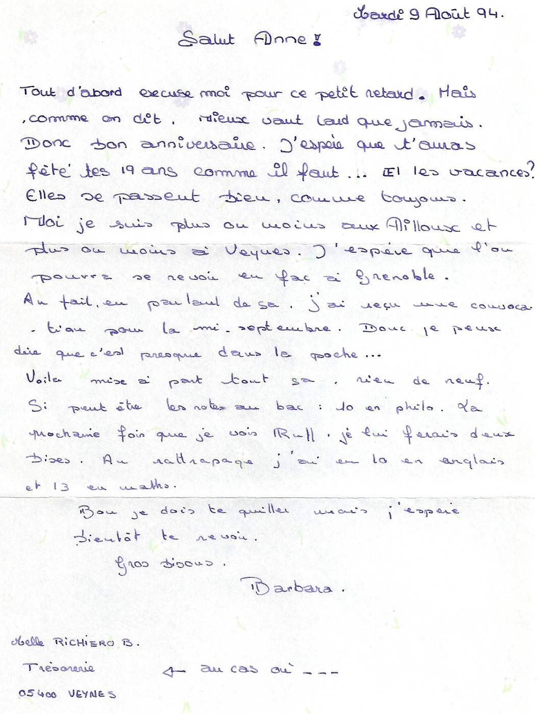 Lettre de Barbara, août 1994