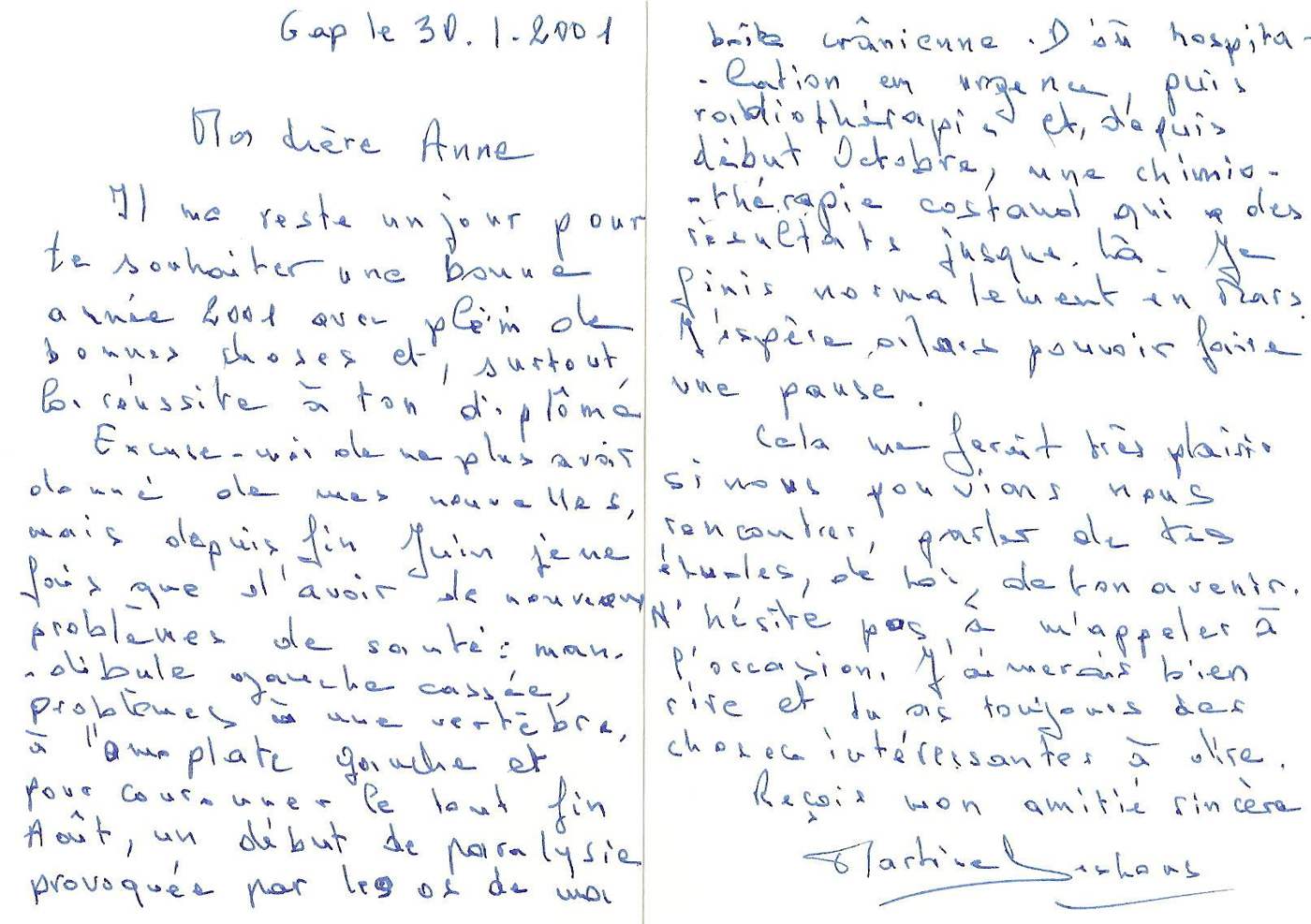 Lettre de Martine Deshons, janvier 2001