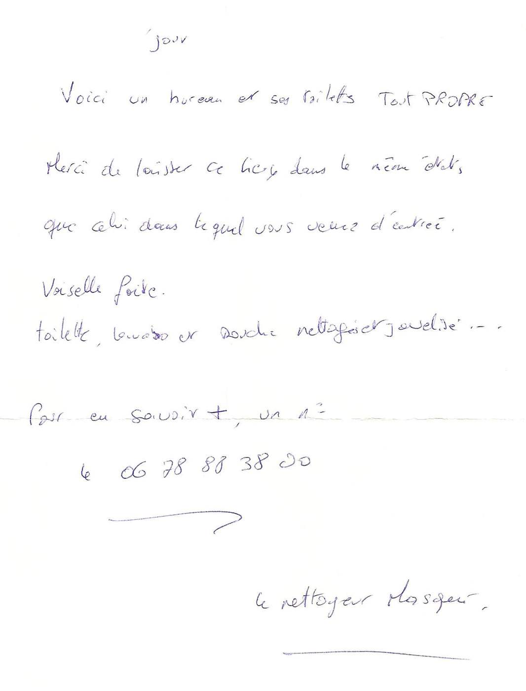 Lettre de Le nettoyeur masqué, janvier 2007