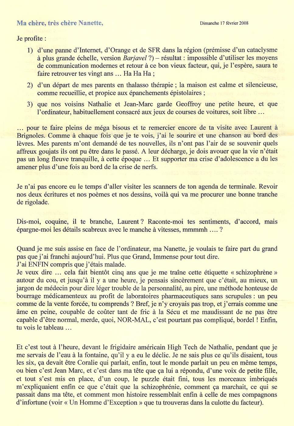 Lettre de Sandrine, février 2008