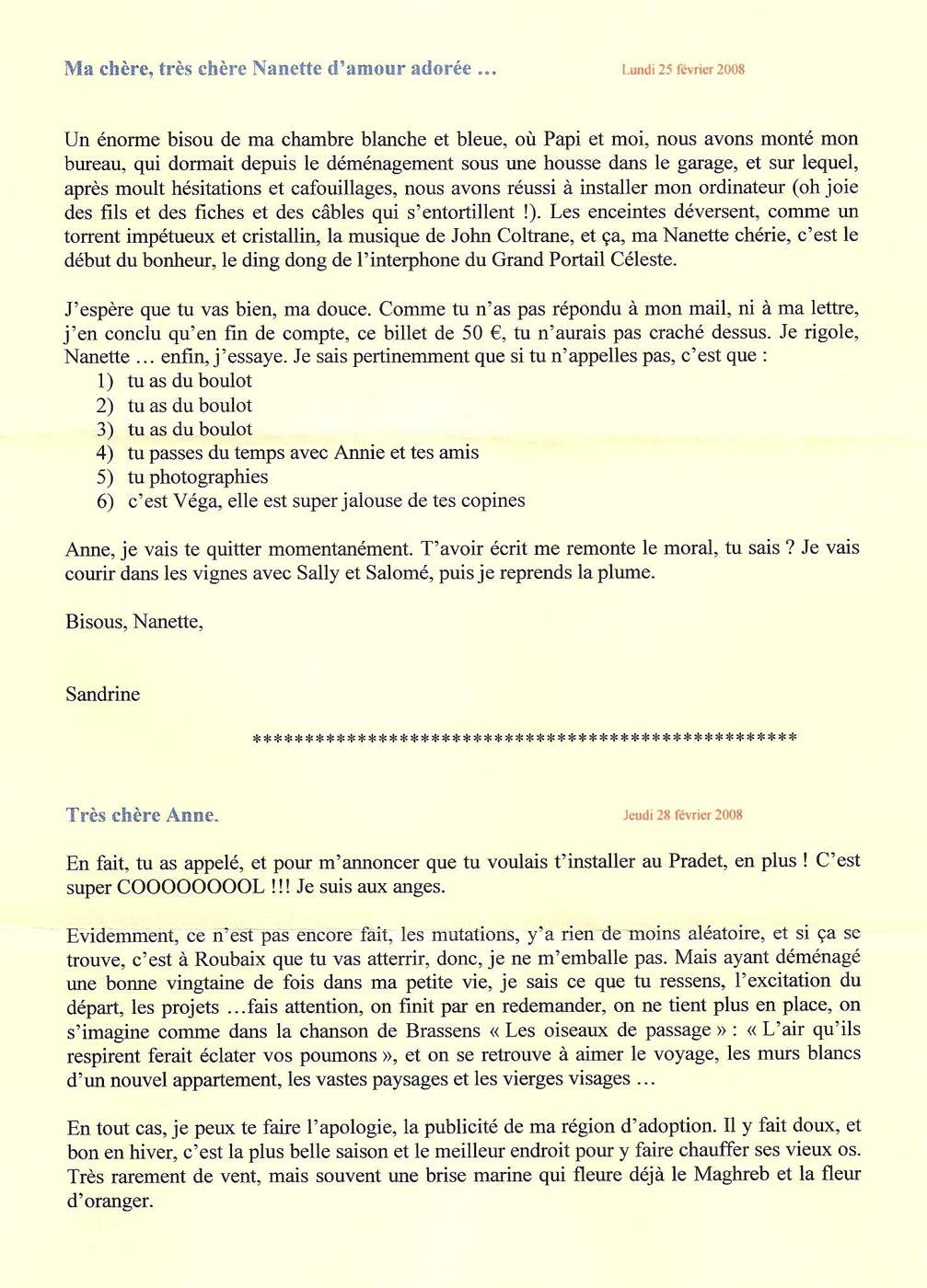 Lettre de Sandrine, février 2008