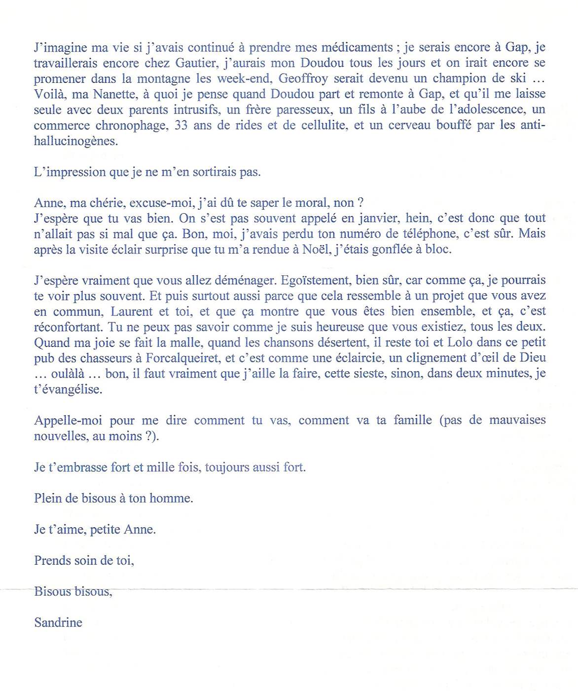 Lettre de Sandrine, janvier 2009