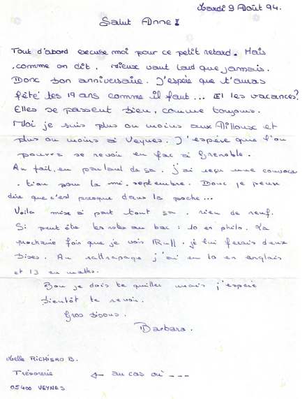 Lettre de Barbara, août 1994