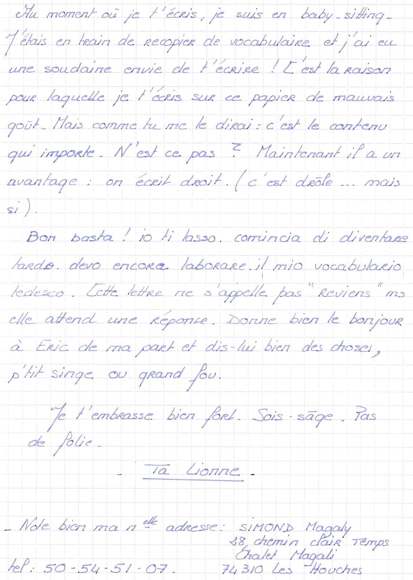 Lettre de Magaly, juillet 1995