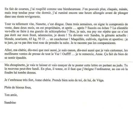 Lettre de Sandrine, septembre 2008