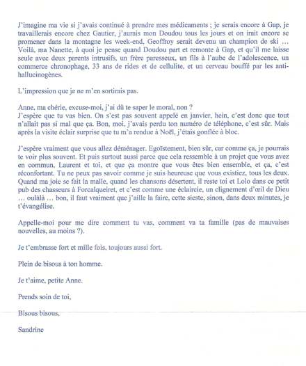 Lettre de Sandrine, janvier 2009