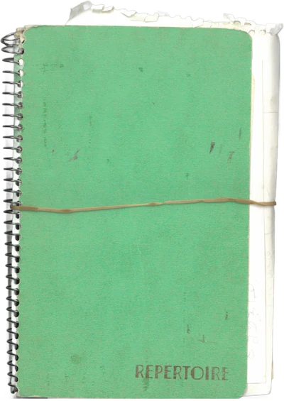 Un vieux carnet r&eacute;pertoire vert, ferm&eacute; par un &eacute;lastique